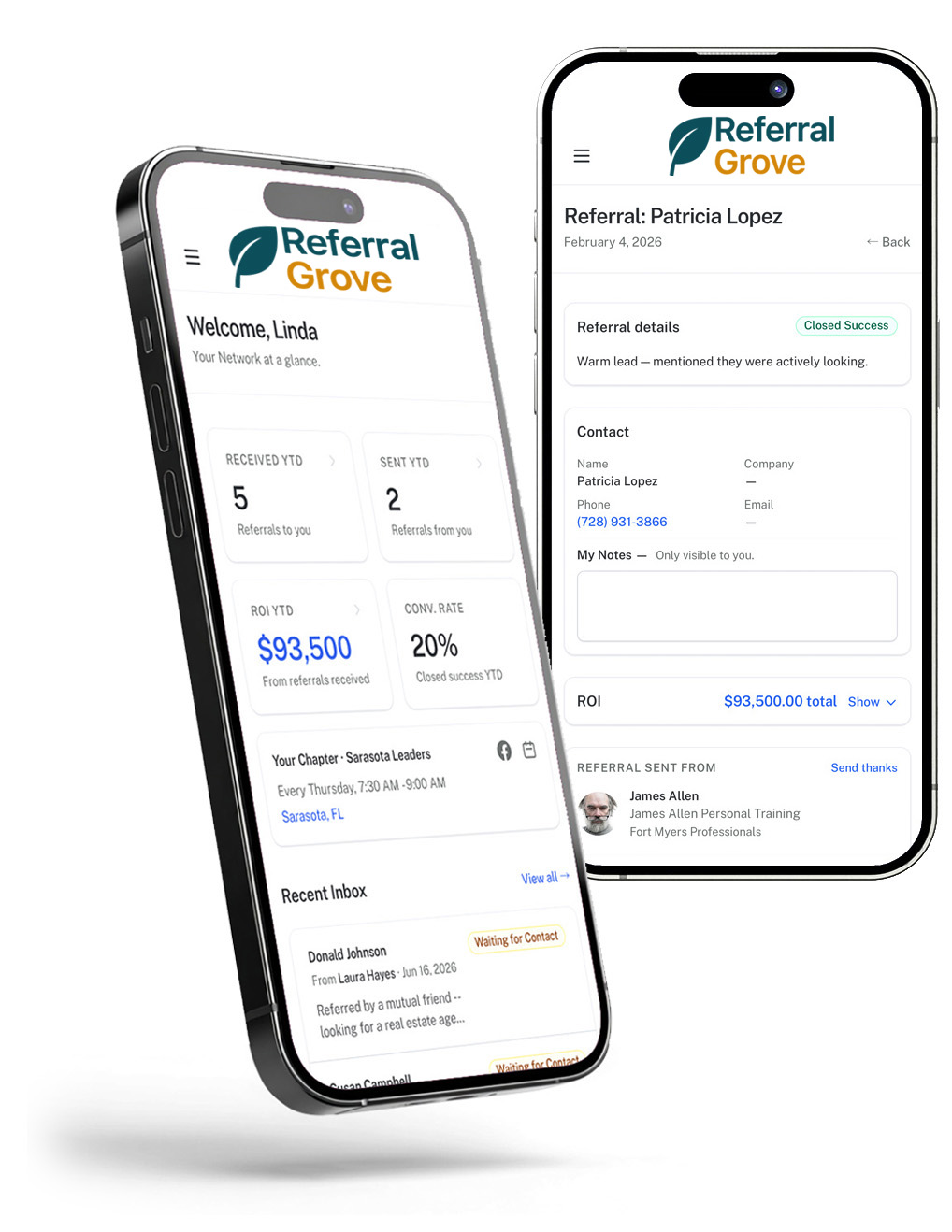 Referral Grove on two mobile phones