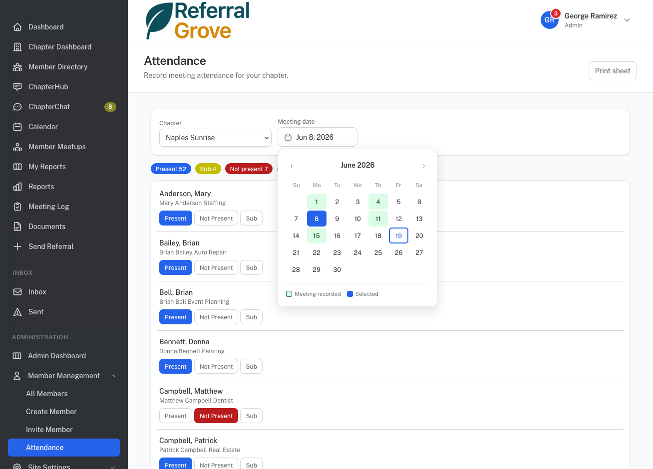 Live attendance tracking page showing present, sub, and absent counts