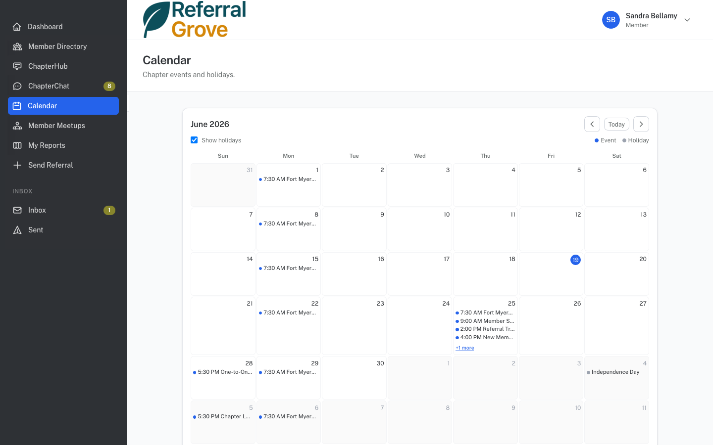 Calendar showing weekly chapter meetings and special events