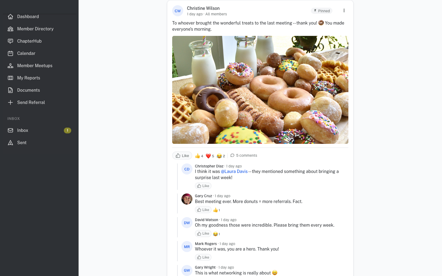 Community feed with posts, photos, and member interactions