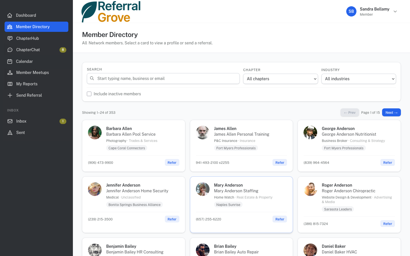 Member directory with search and filter controls