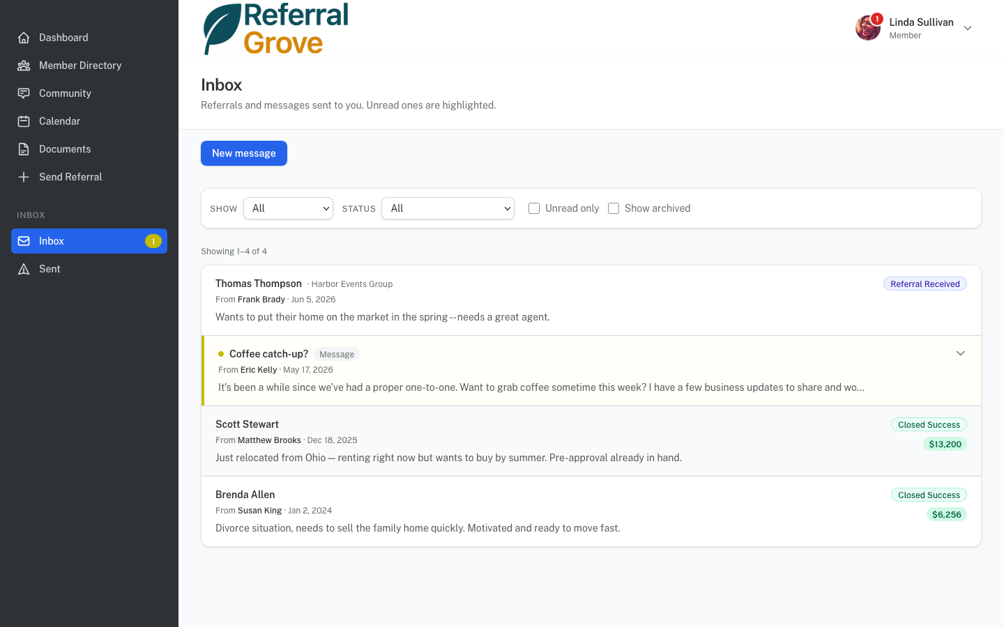 Member inbox showing referrals and direct messages in a unified view