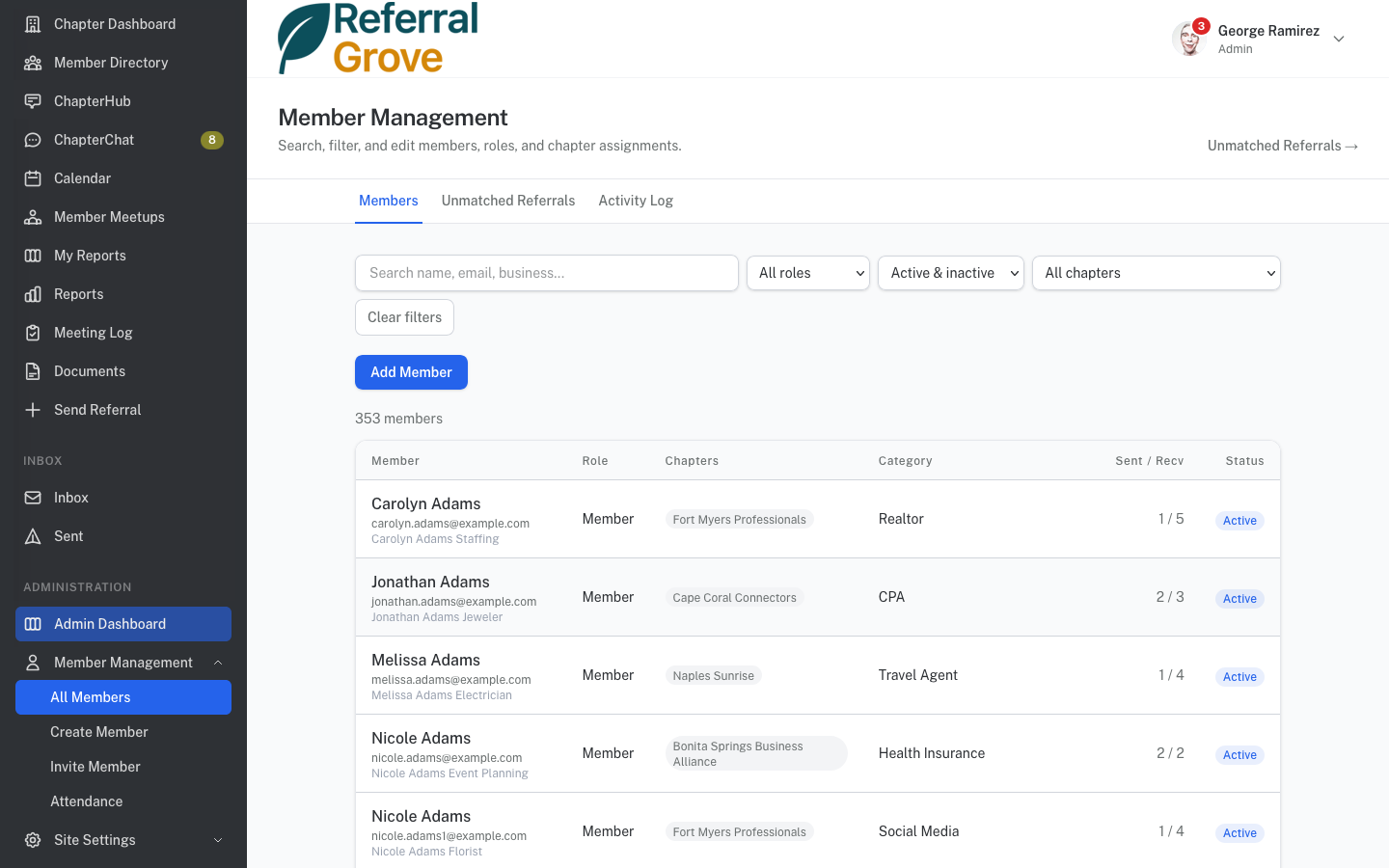 Member management table with role, chapter, and status filters