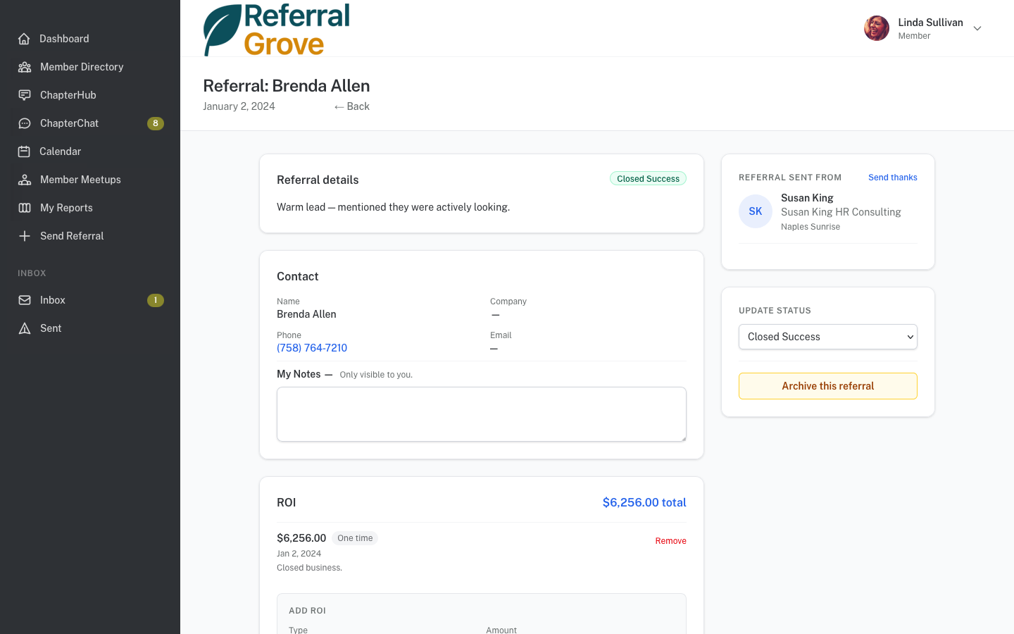 Referral detail page showing contact info, status, and ROI