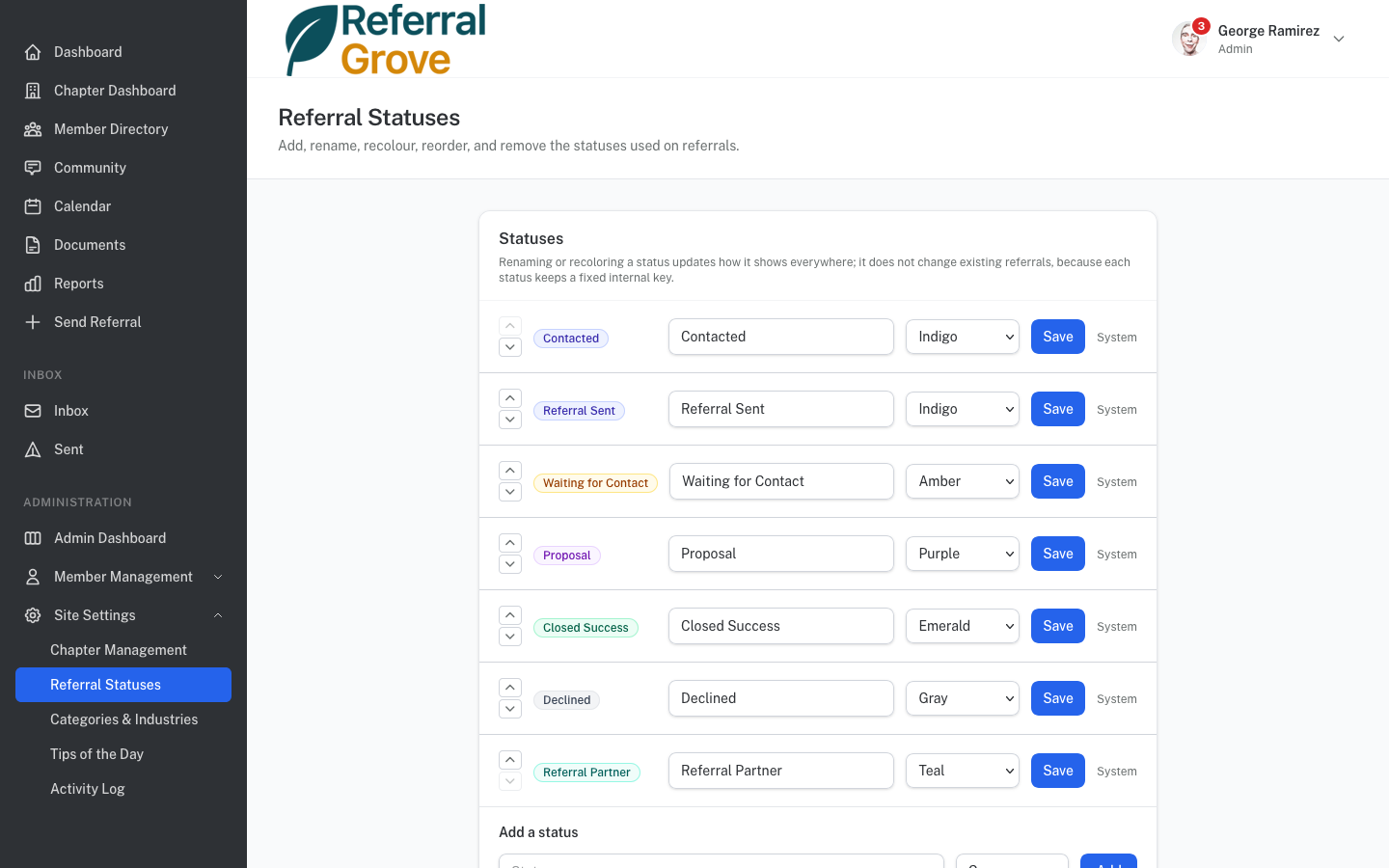 Referral status configuration with rename, recolor, and reorder